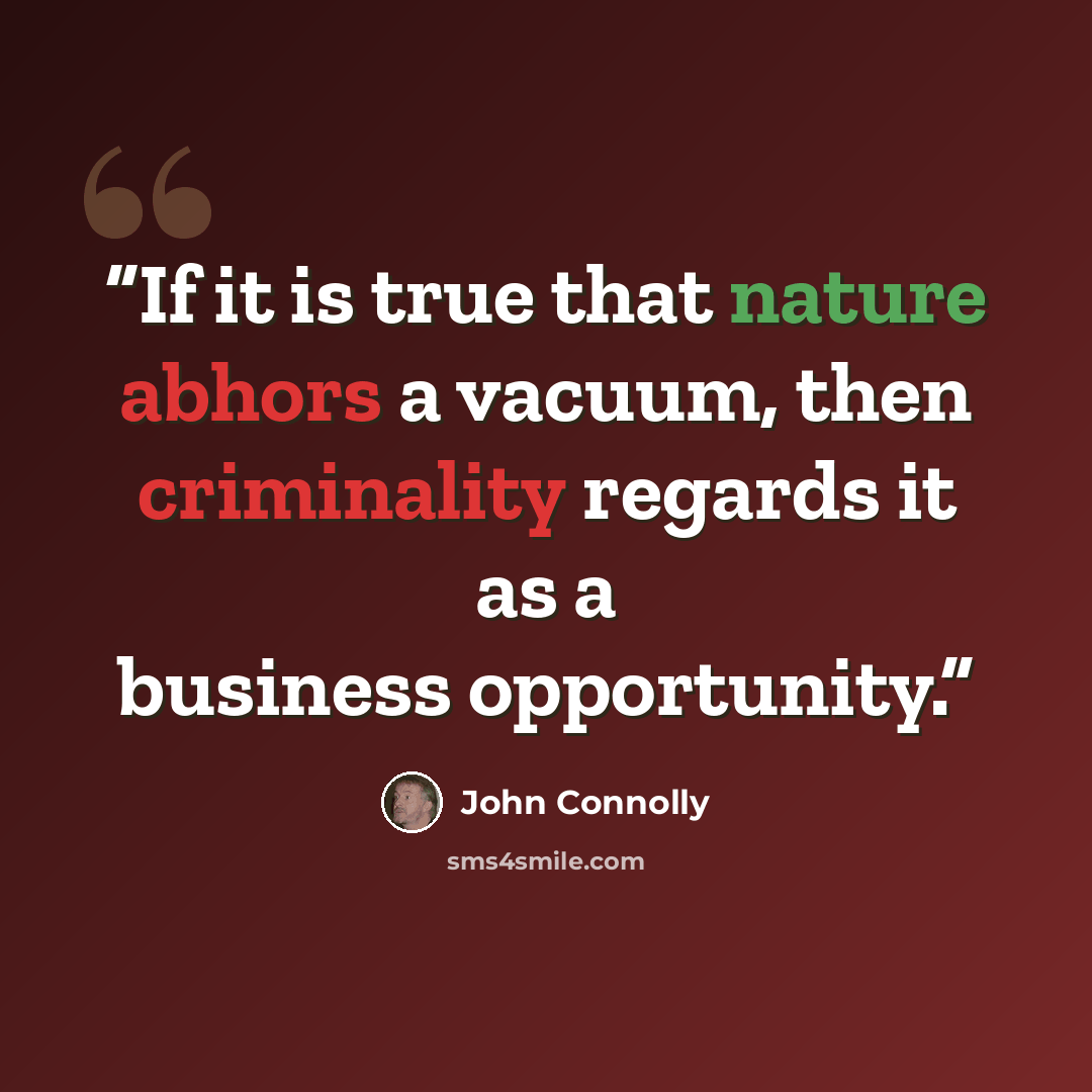 “If it is true that nature abhors a vacuum, then criminality regards it as a business opportunity.” quote by John Connolly