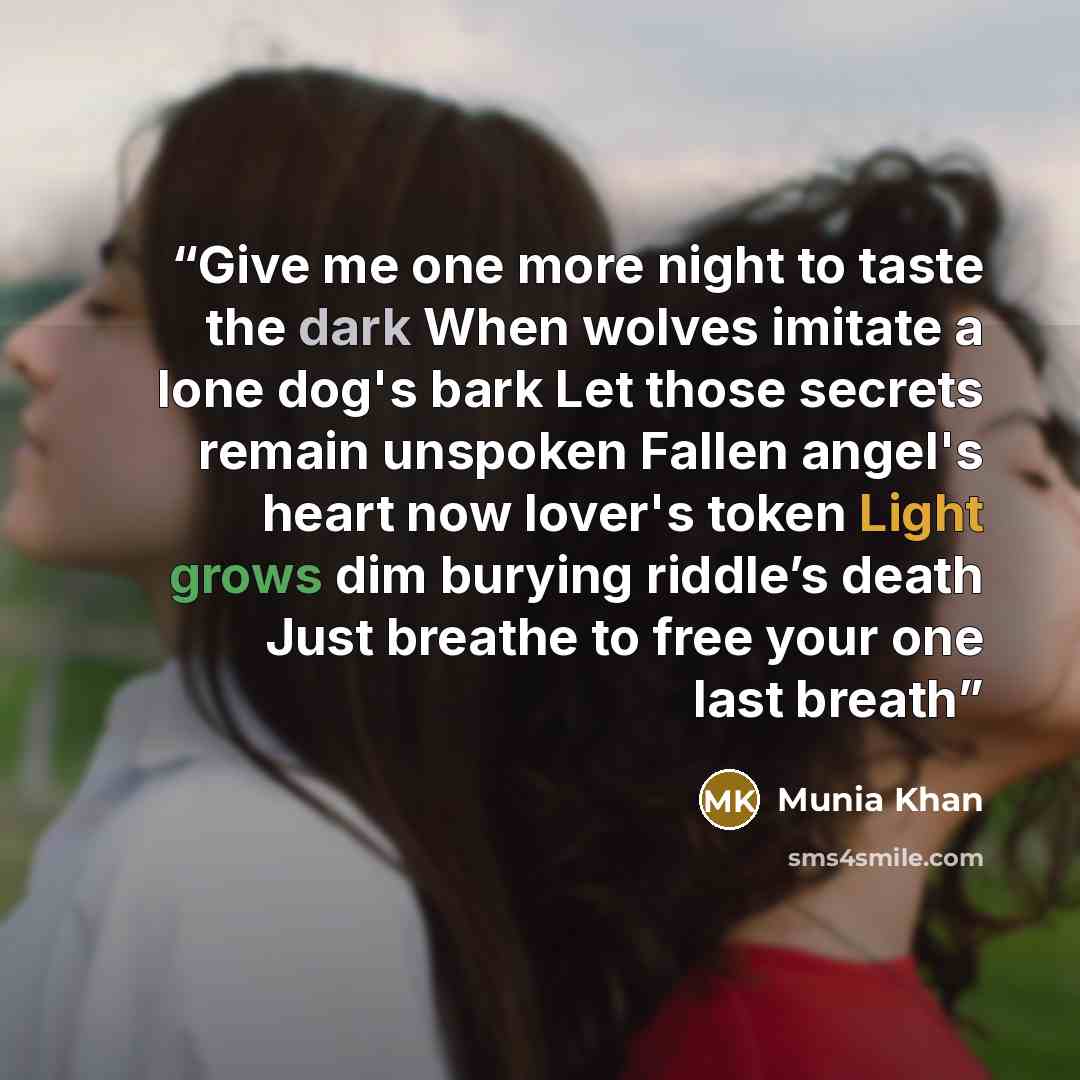 “Give me one more night to taste the dark When wolves imitate a lone dog's bark Let those secrets remain unspoken Fallen angel's heart now lover's token Light grows dim burying riddle’s death Just breathe to free your one last breath” quote by Munia Khan