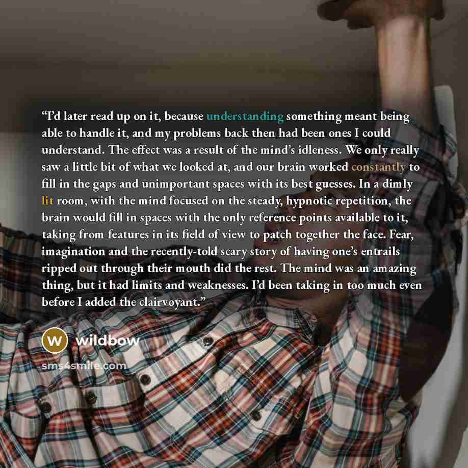 “I’d later read up on it, because understanding something meant being able to handle it, and my problems back then had been ones I could understand. The effect was a result of the mind’s idleness. We only really saw a little bit of what we looked at, and our brain worked constantly to fill in the…” quote by wildbow