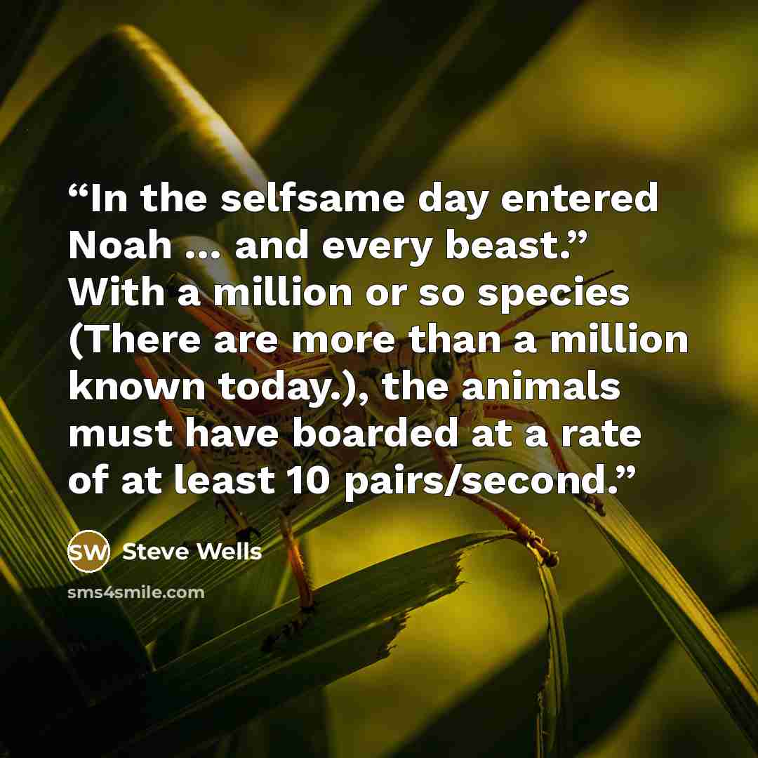 “In the selfsame day entered Noah … and every beast.” With a million or so species (There are more than a million known today.), the animals must have boarded at a rate of at least 10 pairs/second.” quote by Steve Wells