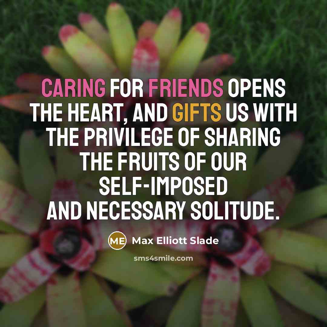 “Caring for friends opens the heart, and gifts us with the privilege of sharing the fruits of our self-imposed and necessary solitude.” quote by Max Elliott Slade