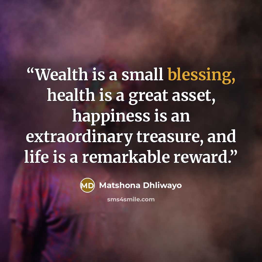 “Wealth is a small blessing, health is a great asset, happiness is an extraordinary treasure, and life is a remarkable reward.” quote by Matshona Dhliwayo