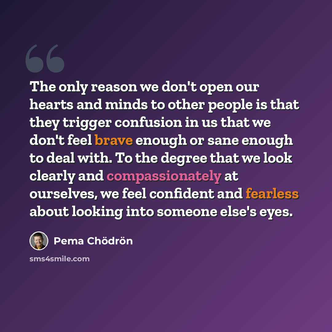 “The only reason we don't open our hearts and minds to other people is that they trigger confusion in us that we don't feel brave enough or sane enough to deal with. To the degree that we look clearly and compassionately at ourselves, we feel confident and fearless about looking into someone else's…” quote by Pema Chodron