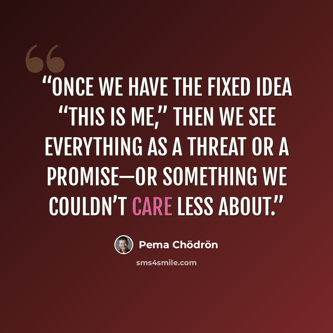 “Once we have the fixed idea “this is me,” then we see everything as a threat or a promise—or something we couldn’t care less about.” quote by Pema Chödrön