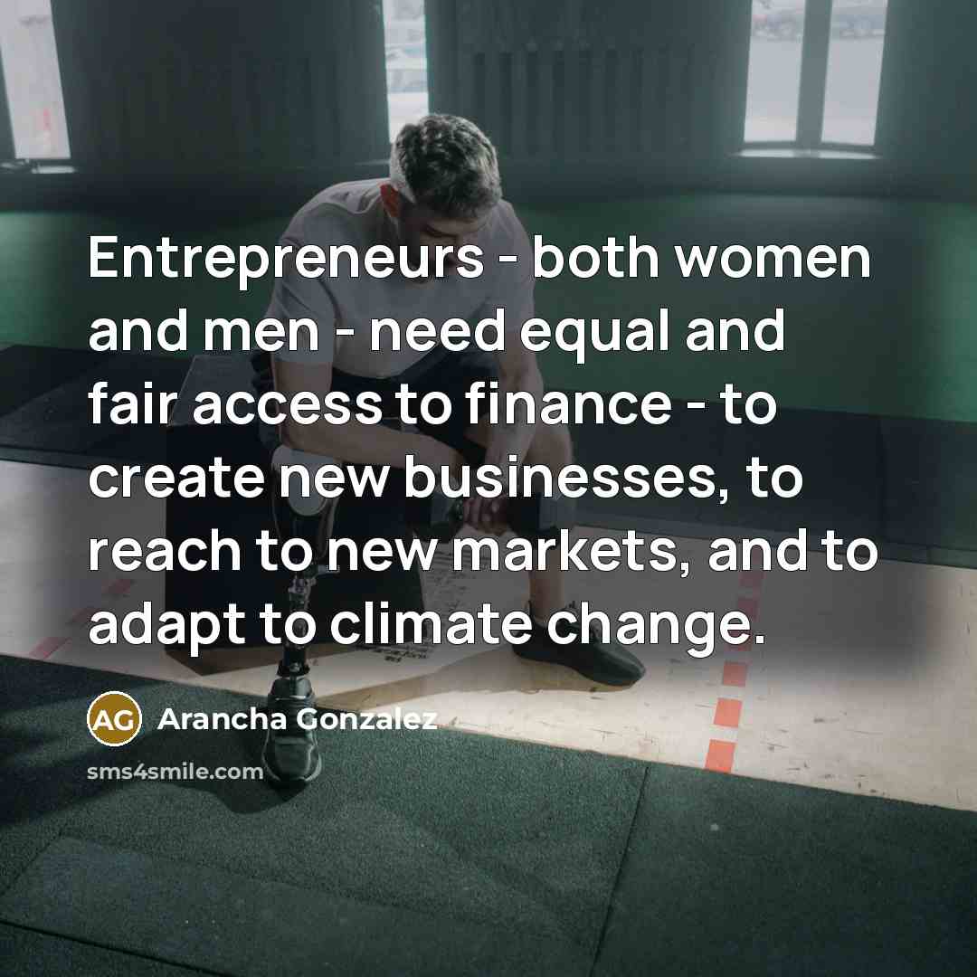 “Entrepreneurs - both women and men - need equal and fair access to finance - to create new businesses, to reach to new markets, and to adapt to climate change.” quote by Arancha Gonzalez