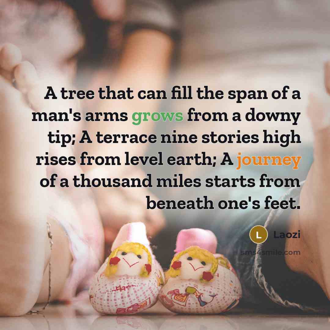 “A tree that can fill the span of a man's arms grows from a downy tip; A terrace nine stories high rises from level earth; A journey of a thousand miles starts from beneath one's feet.” quote by Laozi