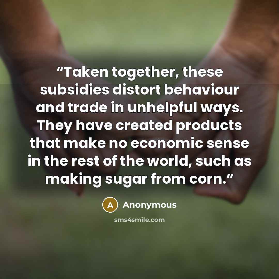 “Taken together, these subsidies distort behaviour and trade in unhelpful ways. They have created products that make no economic sense in the rest of the world, such as making sugar from corn.” quote by Anonymous