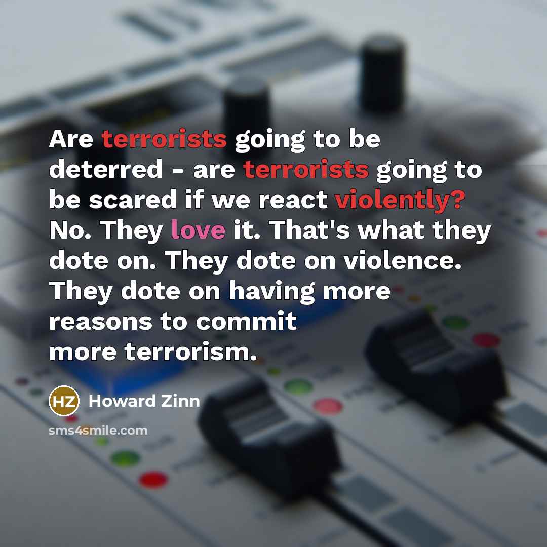 “Are terrorists going to be deterred - are terrorists going to be scared if we react violently? No. They love it. That's what they dote on. They dote on violence. They dote on having more reasons to commit more terrorism.” quote by Howard Zinn