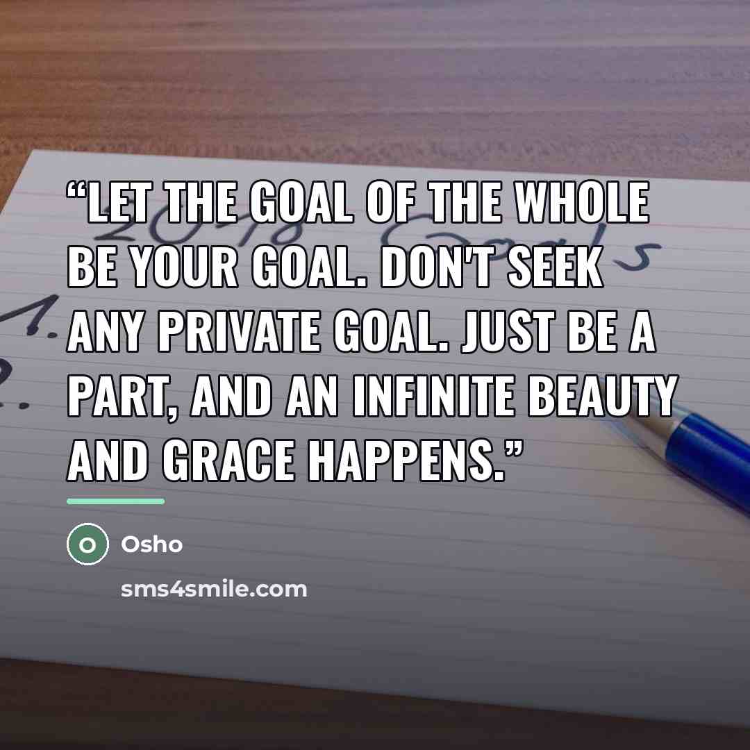 “Let the goal of the whole be your goal. Don't seek any private goal. Just be a part, and an infinite beauty and grace happens.” quote by osho