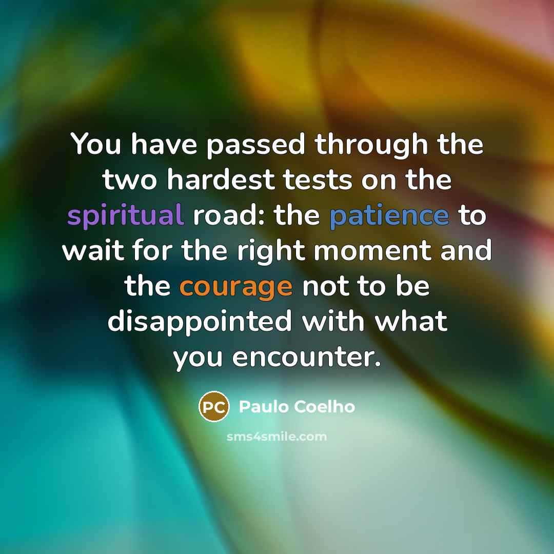 “You have passed through the two hardest tests on the spiritual road: the patience to wait for the right moment and the courage not to be disappointed with what you encounter.” quote by Paulo Coelho