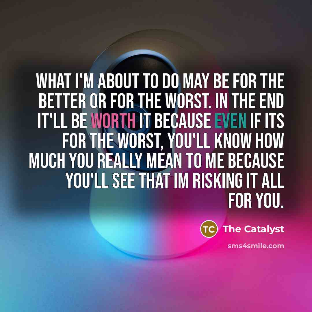 “What I'm about to do may be for the better or for the worst. In the end it'll be worth it because even if its for the worst, you'll know how much you really mean to me because you'll see that Im risking it all for you.” quote by The Catalyst