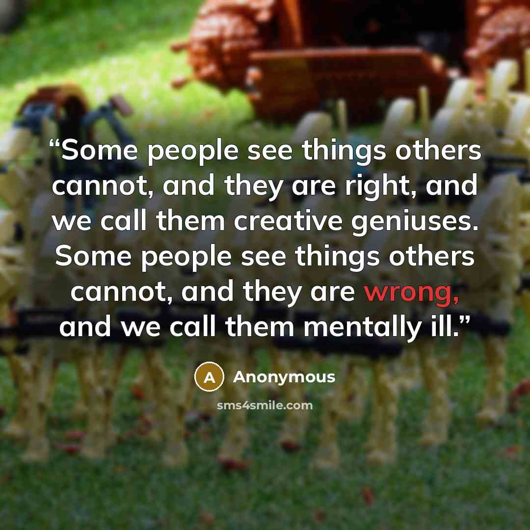 “Some people see things others cannot, and they are right, and we call them creative geniuses. Some people see things others cannot, and they are wrong, and we call them mentally ill.” quote by Anonymous