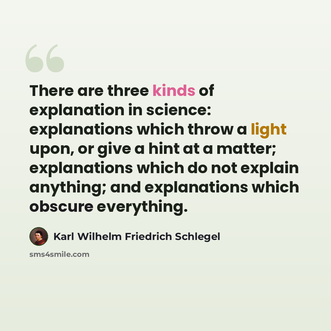 “There are three kinds of explanation in science: explanations which throw a light upon, or give a hint at a matter; explanations which do not explain anything; and explanations which obscure everything.” quote by Karl Wilhelm Friedrich Schlegel