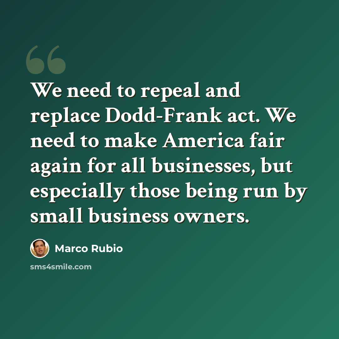 “We need to repeal and replace Dodd-Frank act. We need to make America fair again for all businesses, but especially those being run by small business owners.” quote by Marco Rubio