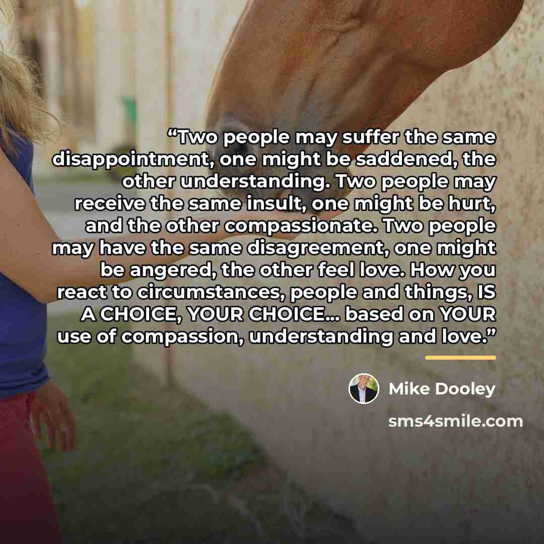 “Two people may suffer the same disappointment, one might be saddened, the other understanding. Two people may receive the same insult, one might be hurt, and the other compassionate. Two people may have the same disagreement, one might be angered, the other feel love. How you react to…” quote by Mike Dooley