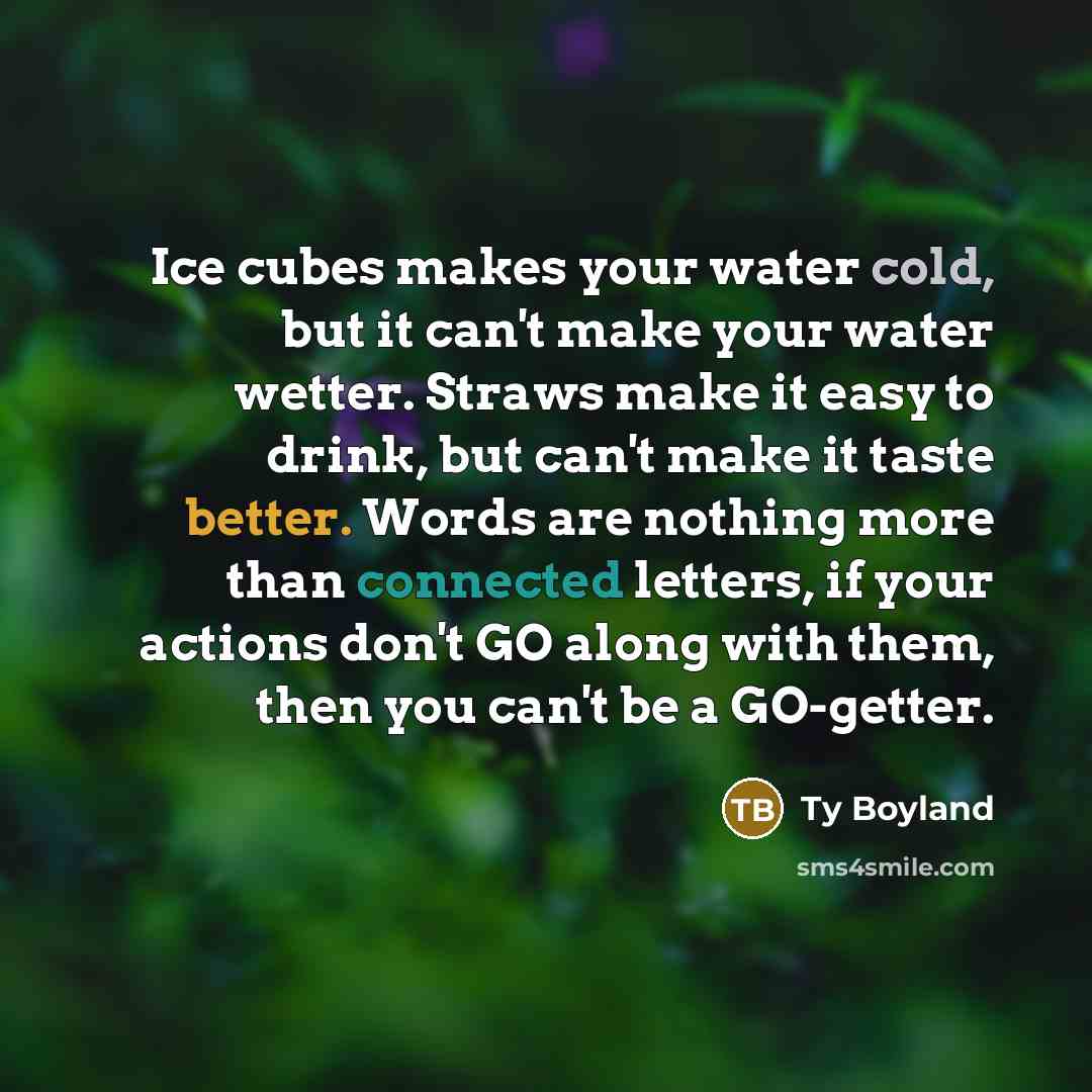 “Ice cubes makes your water cold, but it can't make your water wetter. Straws make it easy to drink, but can't make it taste better. Words are nothing more than connected letters, if your actions don't GO along with them, then you can't be a GO-getter.” quote by Ty Boyland