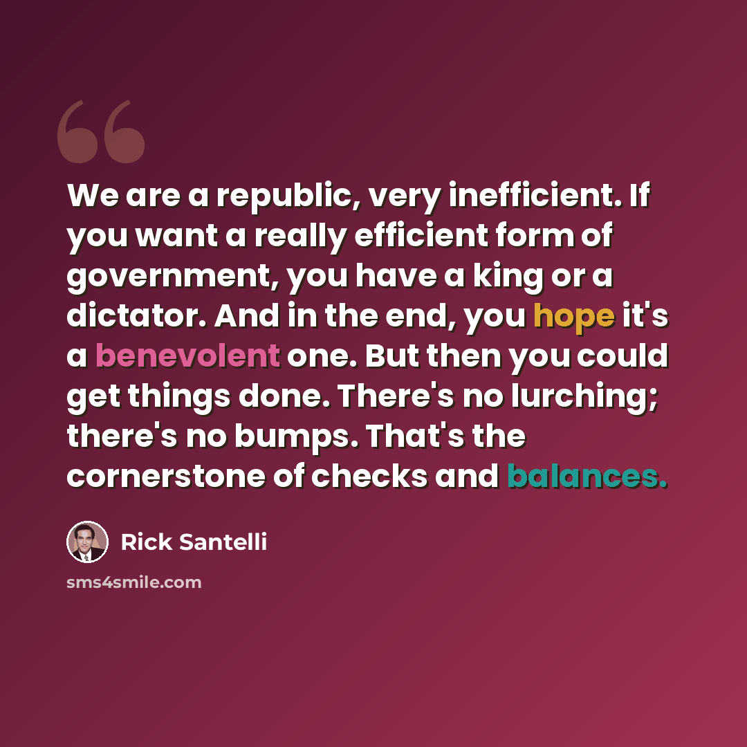 “We are a republic, very inefficient. If you want a really efficient form of government, you have a king or a dictator. And in the end, you hope it's a benevolent one. But then you could get things done. There's no lurching; there's no bumps. That's the cornerstone of checks and balances.” quote by Rick Santelli