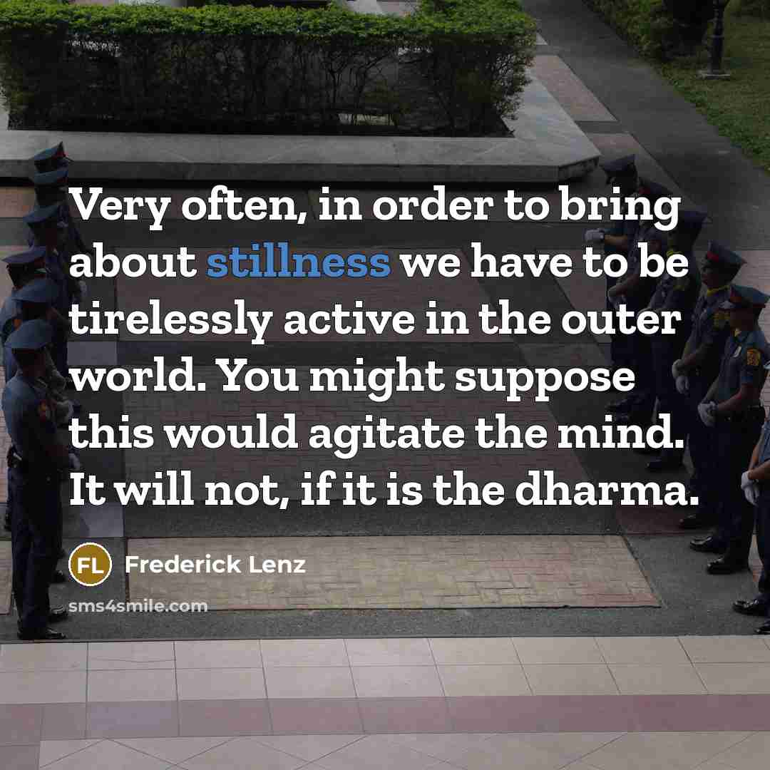 “Very often, in order to bring about stillness we have to be tirelessly active in the outer world. You might suppose this would agitate the mind. It will not, if it is the dharma.” quote by Frederick Lenz
