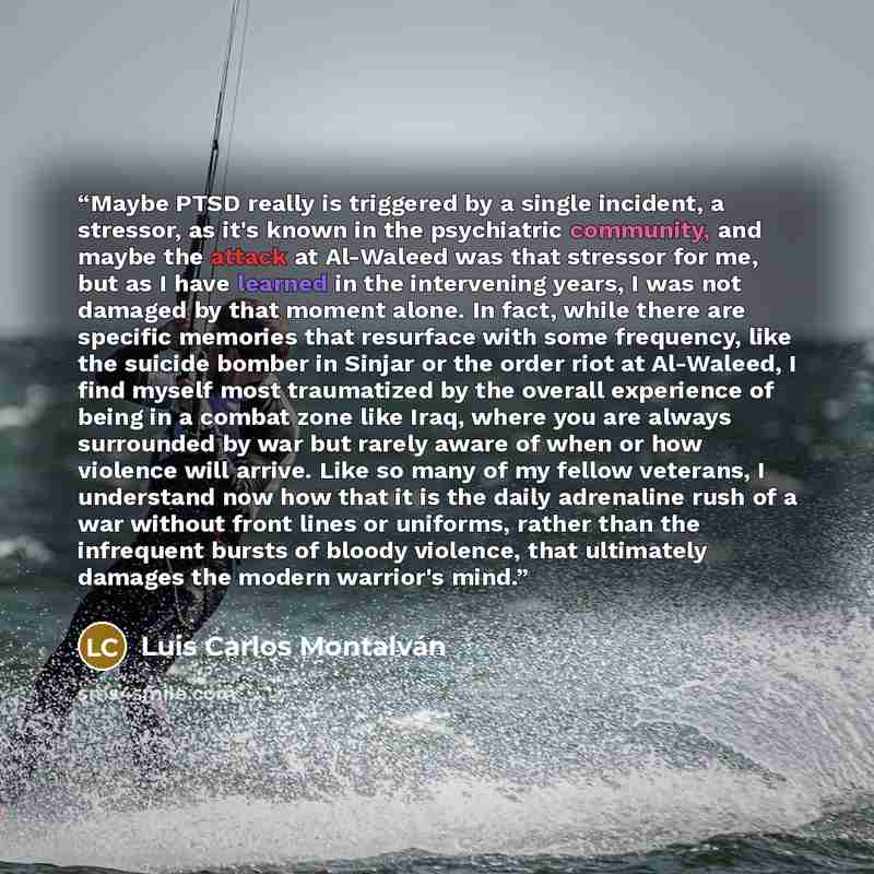 “Maybe PTSD really is triggered by a single incident, a stressor, as it's known in the psychiatric community, and maybe the attack at Al-Waleed was that stressor for me, but as I have learned in the intervening years, I was not damaged by that moment alone. In fact, while there are specific…” quote by Luis Carlos Montalván