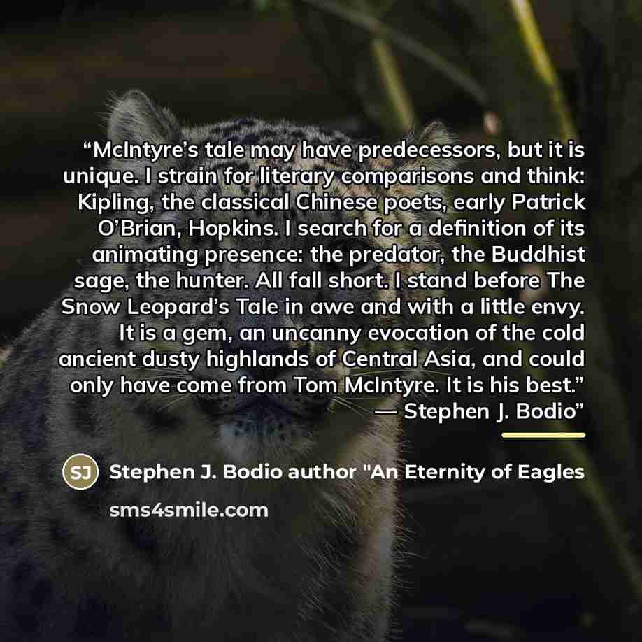 “McIntyre’s tale may have predecessors, but it is unique. I strain for literary comparisons and think: Kipling, the classical Chinese poets, early Patrick O’Brian, Hopkins. I search for a definition of its animating presence: the predator, the Buddhist sage, the hunter. All fall short. I stand…” quote by Stephen J. Bodio