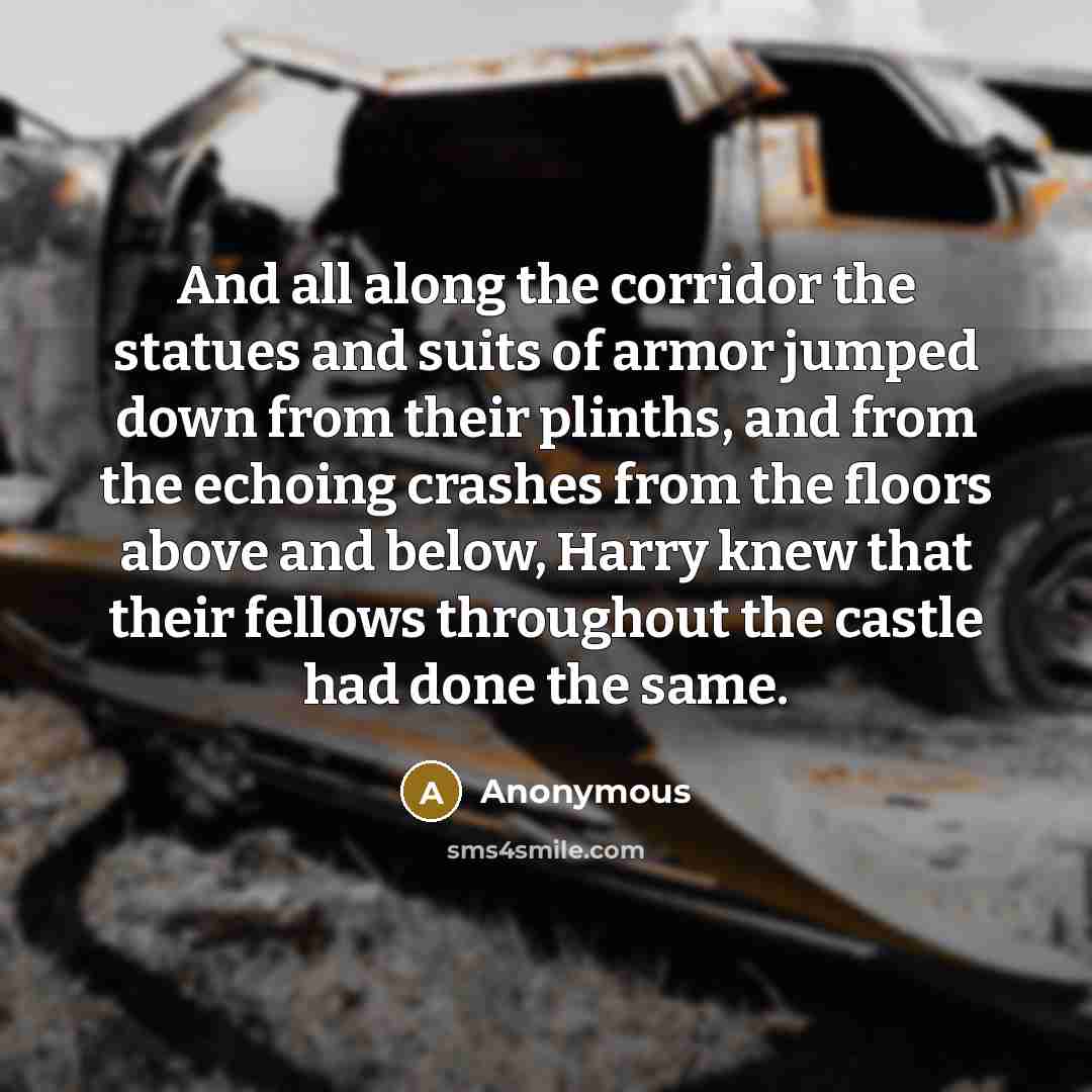 “And all along the corridor the statues and suits of armor jumped down from their plinths, and from the echoing crashes from the floors above and below, Harry knew that their fellows throughout the castle had done the same.” quote by Anonymous