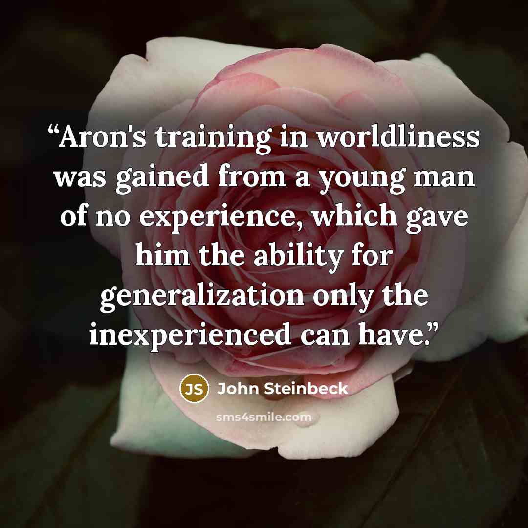 “Aron's training in worldliness was gained from a young man of no experience, which gave him the ability for generalization only the inexperienced can have.” quote by John Steinbeck