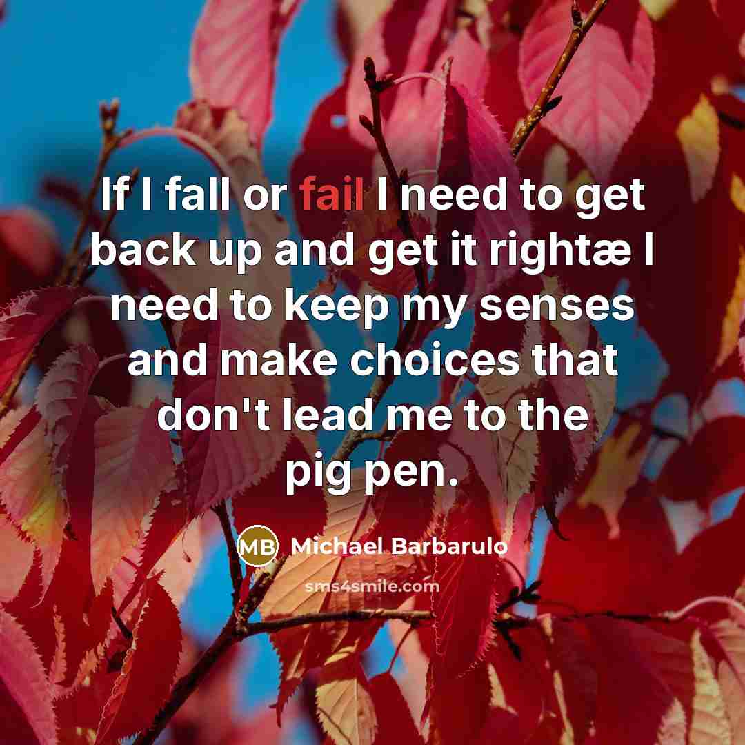 “If I fall or fail I need to get back up and get it rightæ I need to keep my senses and make choices that don't lead me to the pig pen.” quote by Michael Barbarulo