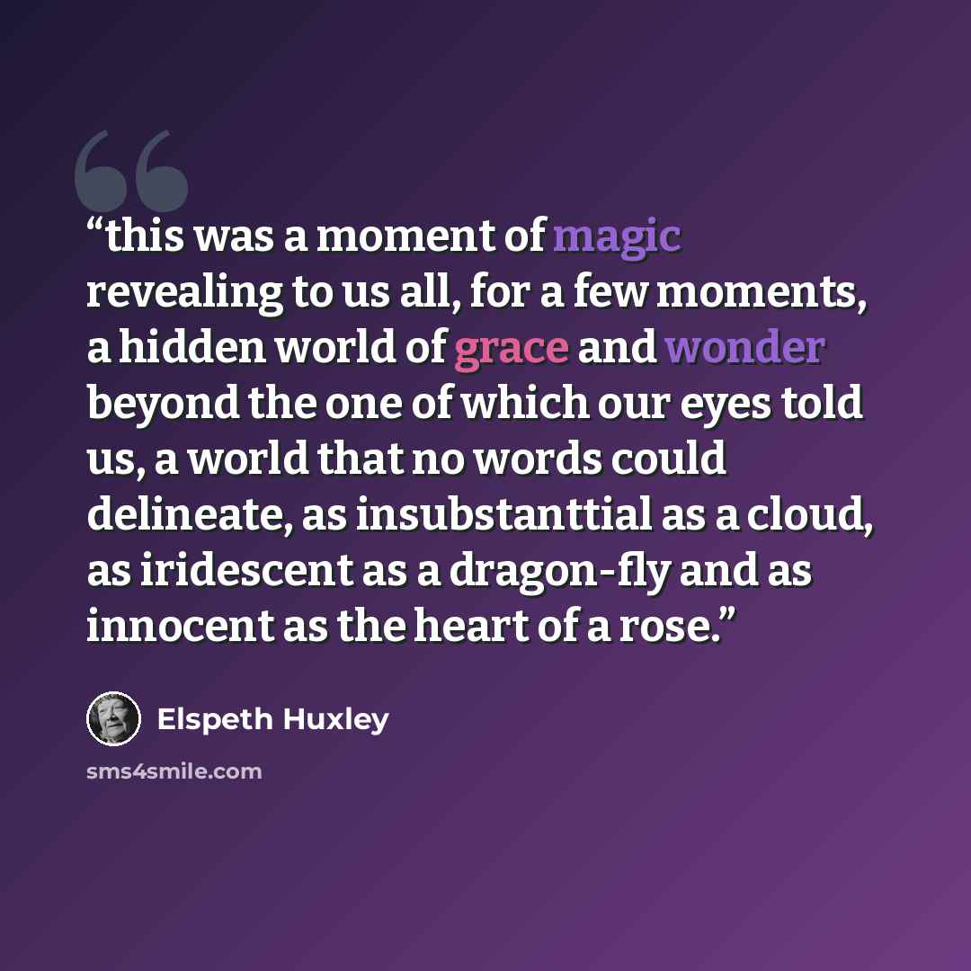 “this was a moment of magic revealing to us all, for a few moments, a hidden world of grace and wonder beyond the one of which our eyes told us, a world that no words could delineate, as insubstanttial as a cloud, as iridescent as a dragon-fly and as innocent as the heart of a rose.” quote by Elspeth Huxley