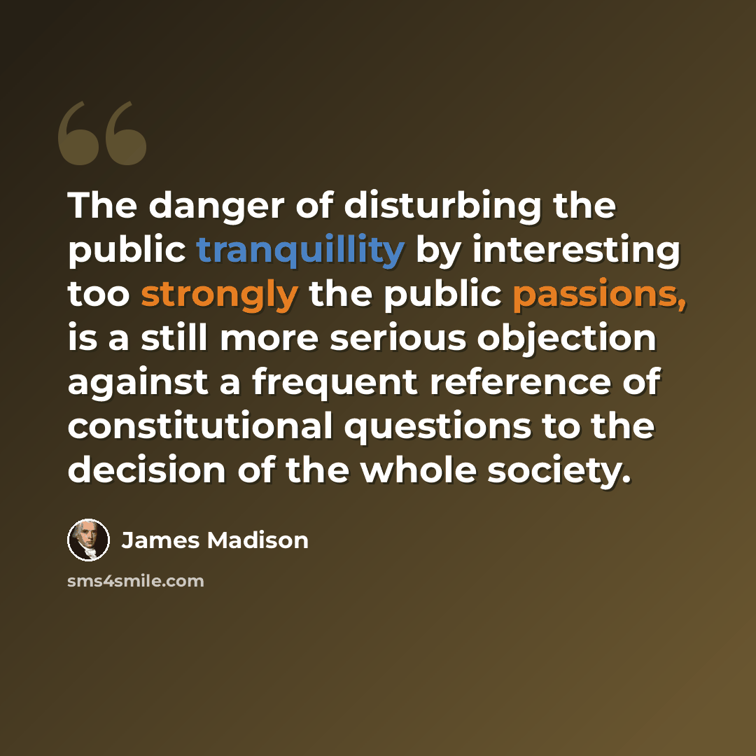 “The danger of disturbing the public tranquillity by interesting too strongly the public passions, is a still more serious objection against a frequent reference of constitutional questions to the decision of the whole society.” quote by James Madison