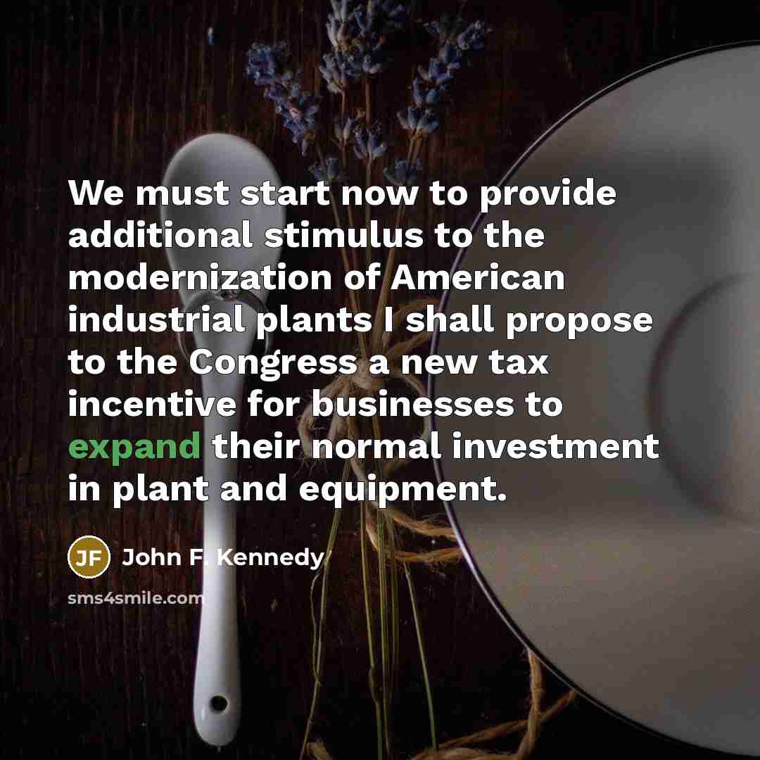 “We must start now to provide additional stimulus to the modernization of American industrial plants I shall propose to the Congress a new tax incentive for businesses to expand their normal investment in plant and equipment.” quote by John F. Kennedy