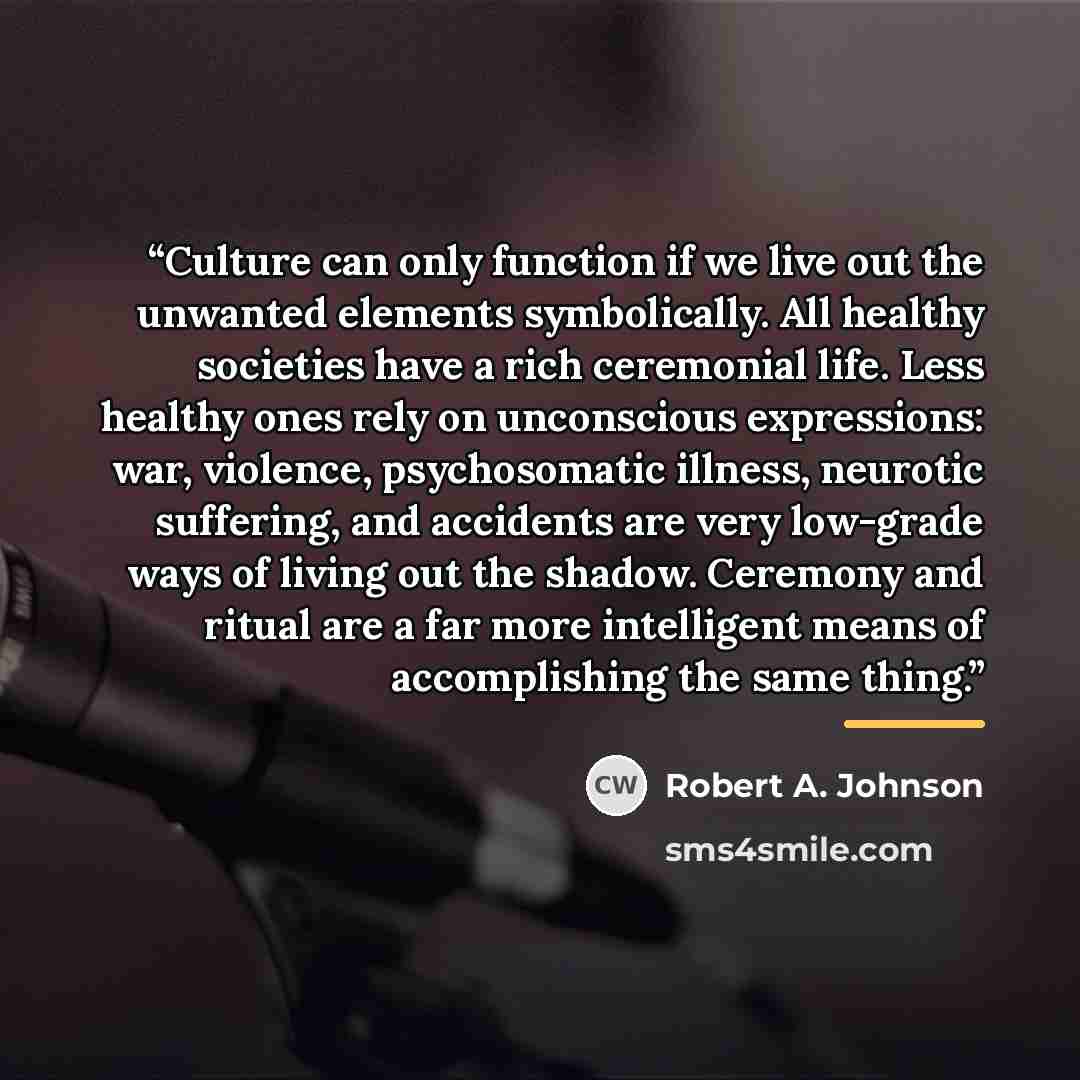 “Culture can only function if we live out the unwanted elements symbolically. All healthy societies have a rich ceremonial life. Less healthy ones rely on unconscious expressions: war, violence, psychosomatic illness, neurotic suffering, and accidents are very low-grade ways of living out the…” quote by Robert A. Johnson