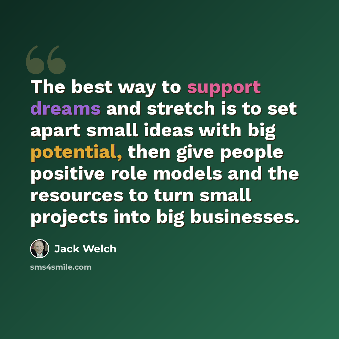 “The best way to support dreams and stretch is to set apart small ideas with big potential, then give people positive role models and the resources to turn small projects into big businesses.” quote by Jack Welch