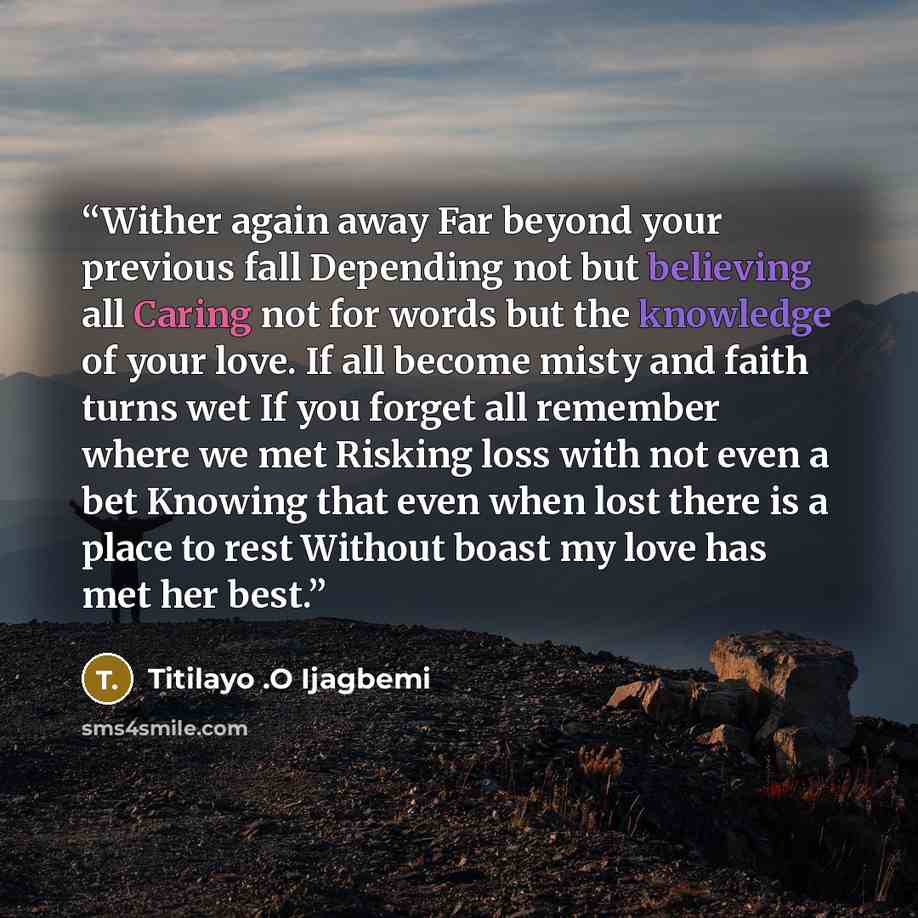“Wither again away Far beyond your previous fall Depending not but believing all Caring not for words but the knowledge of your love. If all become misty and faith turns wet If you forget all remember where we met Risking loss with not even a bet Knowing that even when lost there is a place to rest…” quote by Titilayo .O Ijagbemi