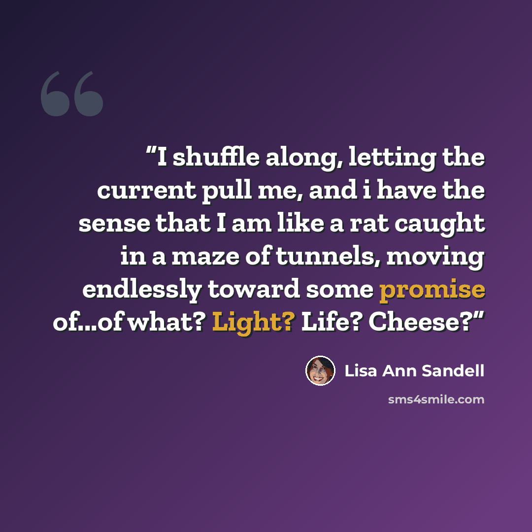 “I shuffle along, letting the current pull me, and i have the sense that I am like a rat caught in a maze of tunnels, moving endlessly toward some promise of...of what? Light? Life? Cheese?” quote by Lisa Ann Sandell