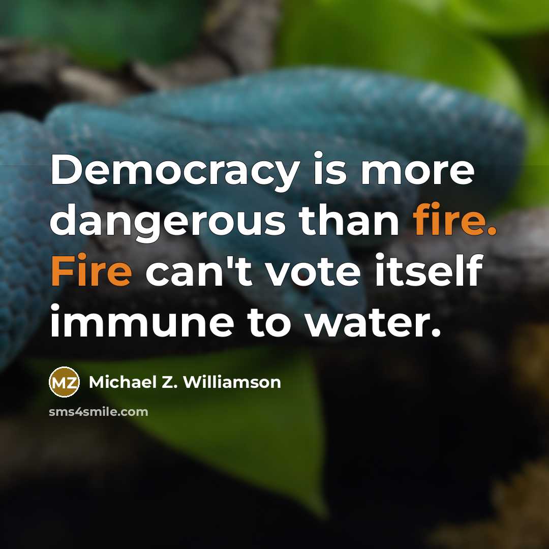 “Democracy is more dangerous than fire. Fire can't vote itself immune to water.” quote by Michael Z. Williamson