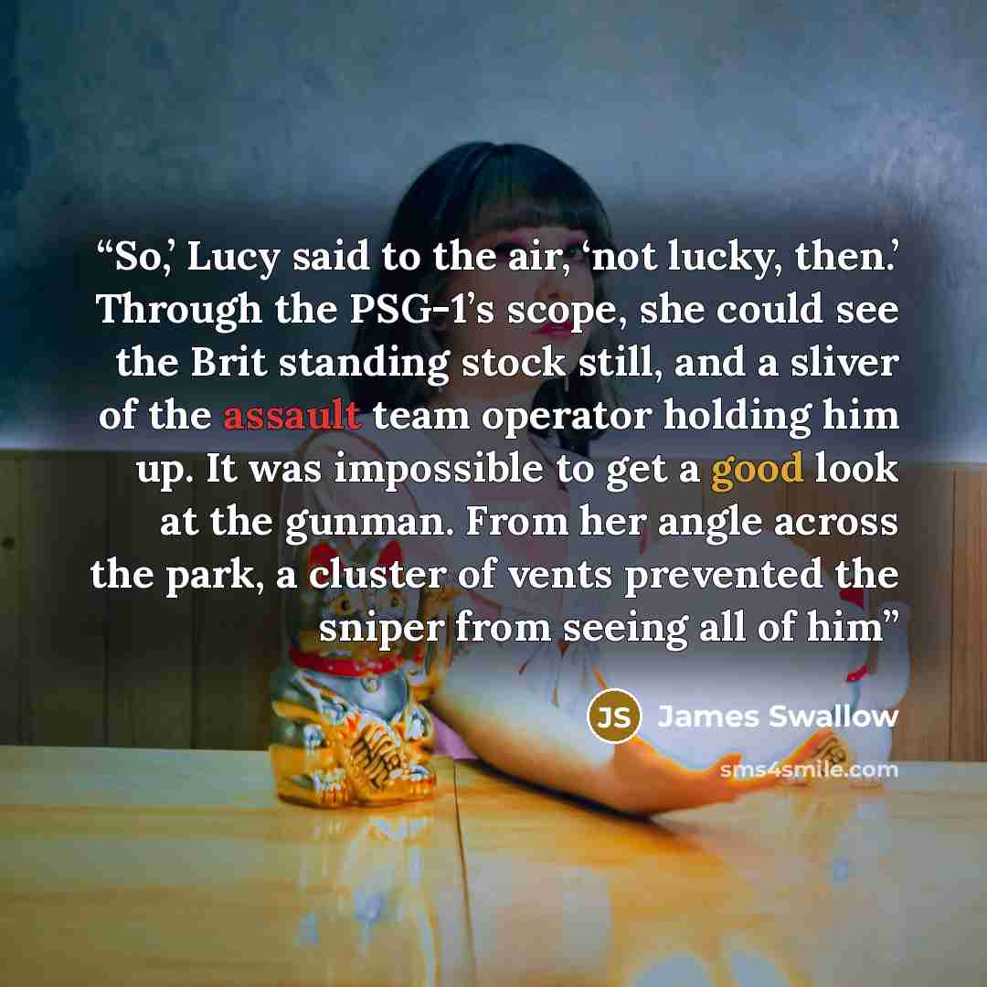 “So,’ Lucy said to the air, ‘not lucky, then.’ Through the PSG-1’s scope, she could see the Brit standing stock still, and a sliver of the assault team operator holding him up. It was impossible to get a good look at the gunman. From her angle across the park, a cluster of vents prevented the…” quote by James Swallow