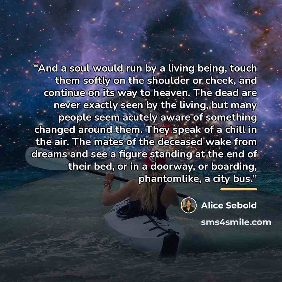 “And a soul would run by a living being, touch them softly on the shoulder or cheek, and continue on its way to heaven. The dead are never exactly seen by the living, but many people seem acutely aware of something changed around them. They speak of a chill in the air. The mates of the deceased…” quote by Alice Sebold