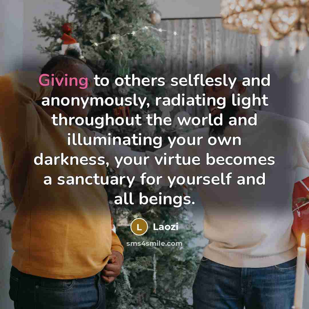 “Giving to others selflesly and anonymously, radiating light throughout the world and illuminating your own darkness, your virtue becomes a sanctuary for yourself and all beings.” quote by Laozi