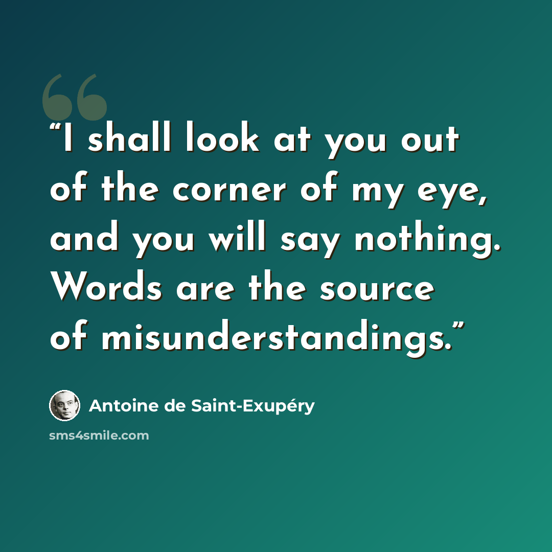 “I shall look at you out of the corner of my eye, and you will say nothing. Words are the source of misunderstandings.” quote by Antoine de Saint-Exupéry