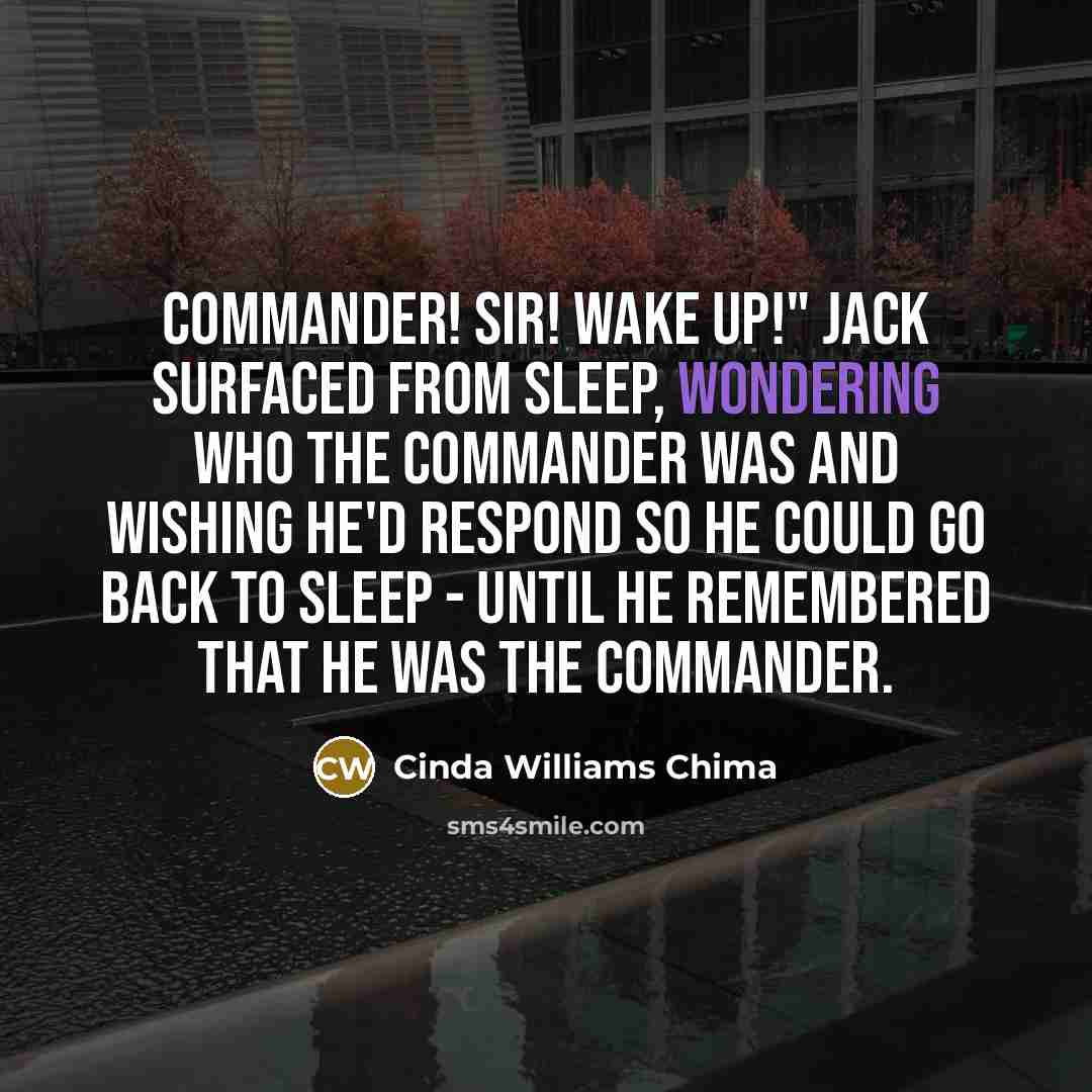 “Commander! Sir! Wake up!" Jack surfaced from sleep, wondering who the commander was and wishing he'd respond so he could go back to sleep - until he remembered that he was the commander.” quote by Cinda Williams Chima