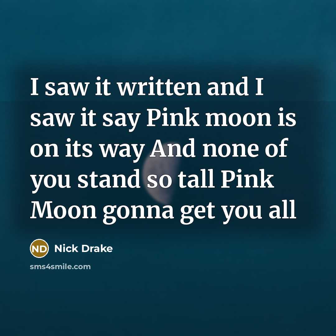 “I saw it written and I saw it say Pink moon is on its way And none of you stand so tall Pink Moon gonna get you all” quote by Nick Drake