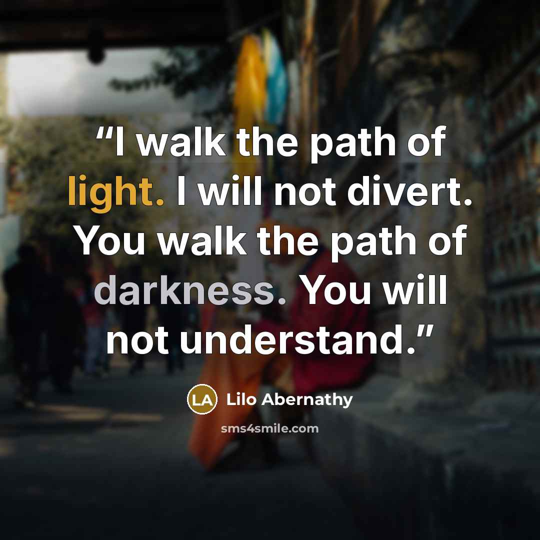 “I walk the path of light. I will not divert. You walk the path of darkness. You will not understand.” quote by Lilo Abernathy