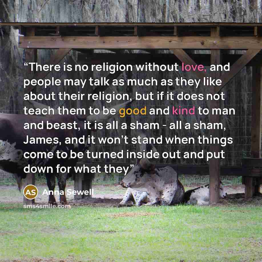 “There is no religion without love, and people may talk as much as they like about their religion, but if it does not teach them to be good and kind to man and beast, it is all a sham - all a sham, James, and it won't stand when things come to be turned inside out and put down for what they” quote by Anna Sewell