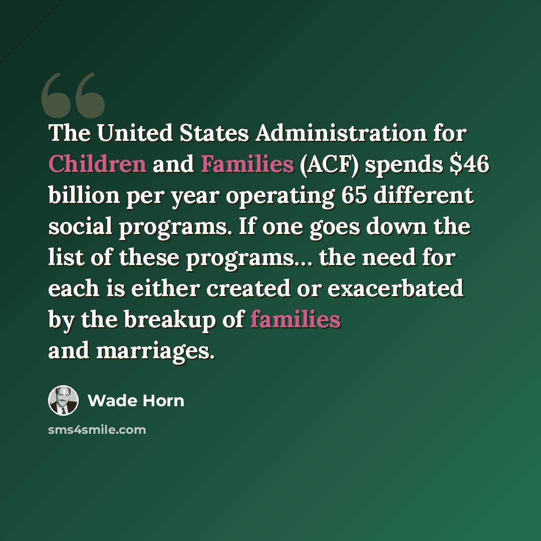 “The United States Administration for Children and Families (ACF) spends $46 billion per year operating 65 different social programs. If one goes down the list of these programs… the need for each is either created or exacerbated by the breakup of families and marriages.” quote by Wade Horn