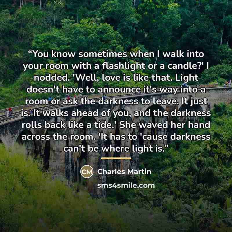 “You know sometimes when I walk into your room with a flashlight or a candle?' I nodded. 'Well, love is like that. Light doesn't have to announce it's way into a room or ask the darkness to leave. It just is. It walks ahead of you, and the darkness rolls back like a tide.' She waved her hand across…” quote by Charles Martin