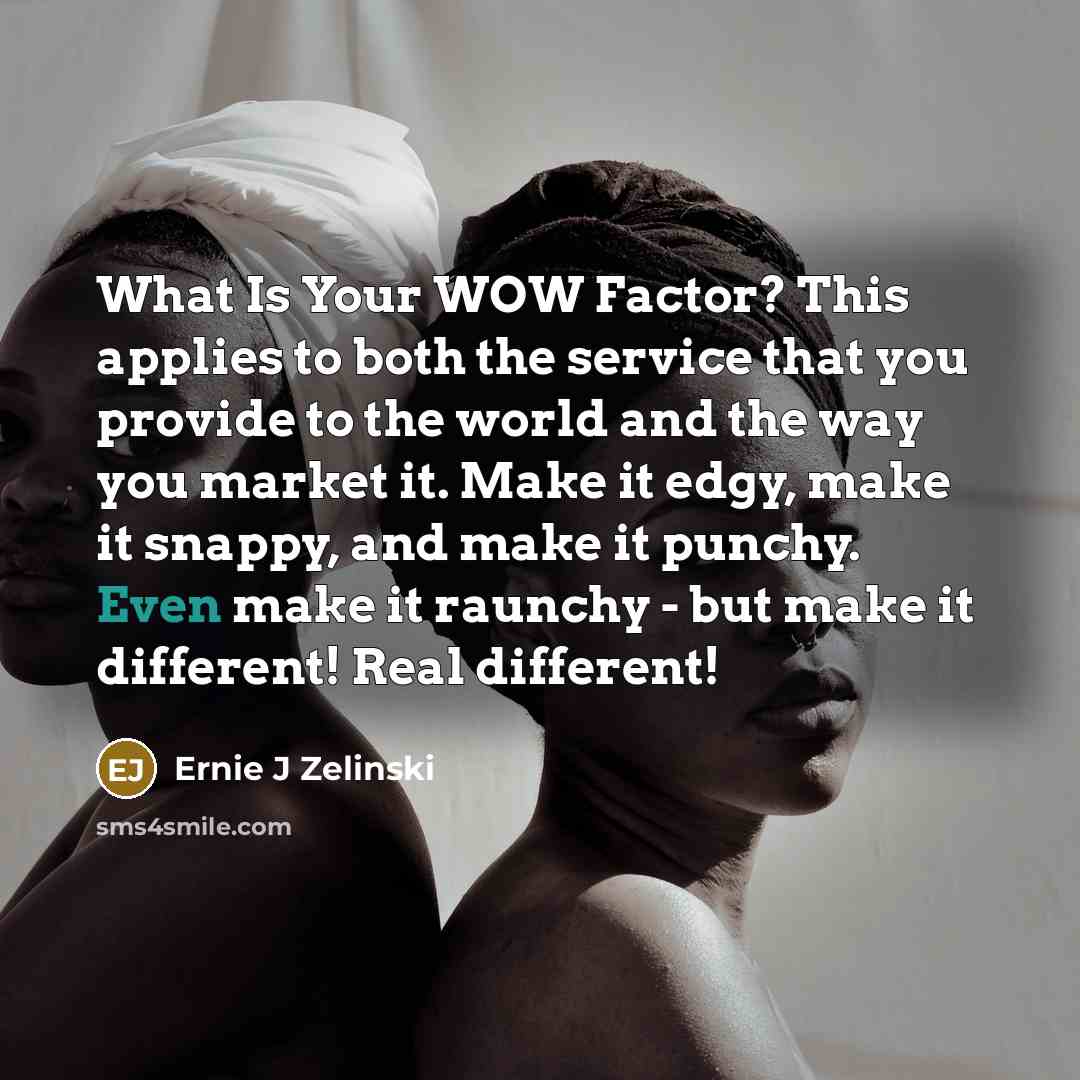 “What Is Your WOW Factor? This applies to both the service that you provide to the world and the way you market it. Make it edgy, make it snappy, and make it punchy. Even make it raunchy - but make it different! Real different!” quote by Ernie J Zelinski