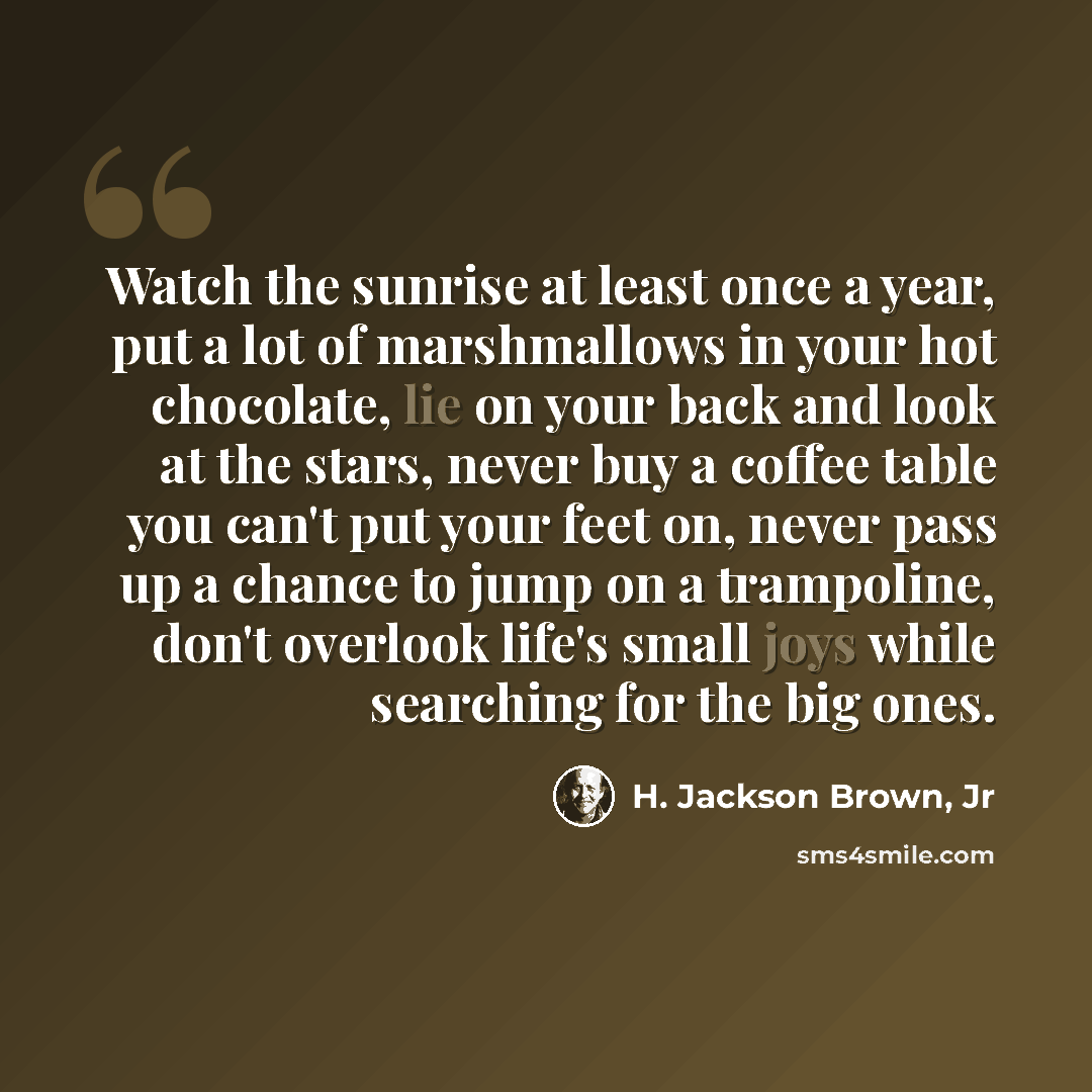 “Watch the sunrise at least once a year, put a lot of marshmallows in your hot chocolate, lie on your back and look at the stars, never buy a coffee table you can't put your feet on, never pass up a chance to jump on a trampoline, don't overlook life's small joys while searching for the big ones.” quote by H. Jackson Brown, Jr