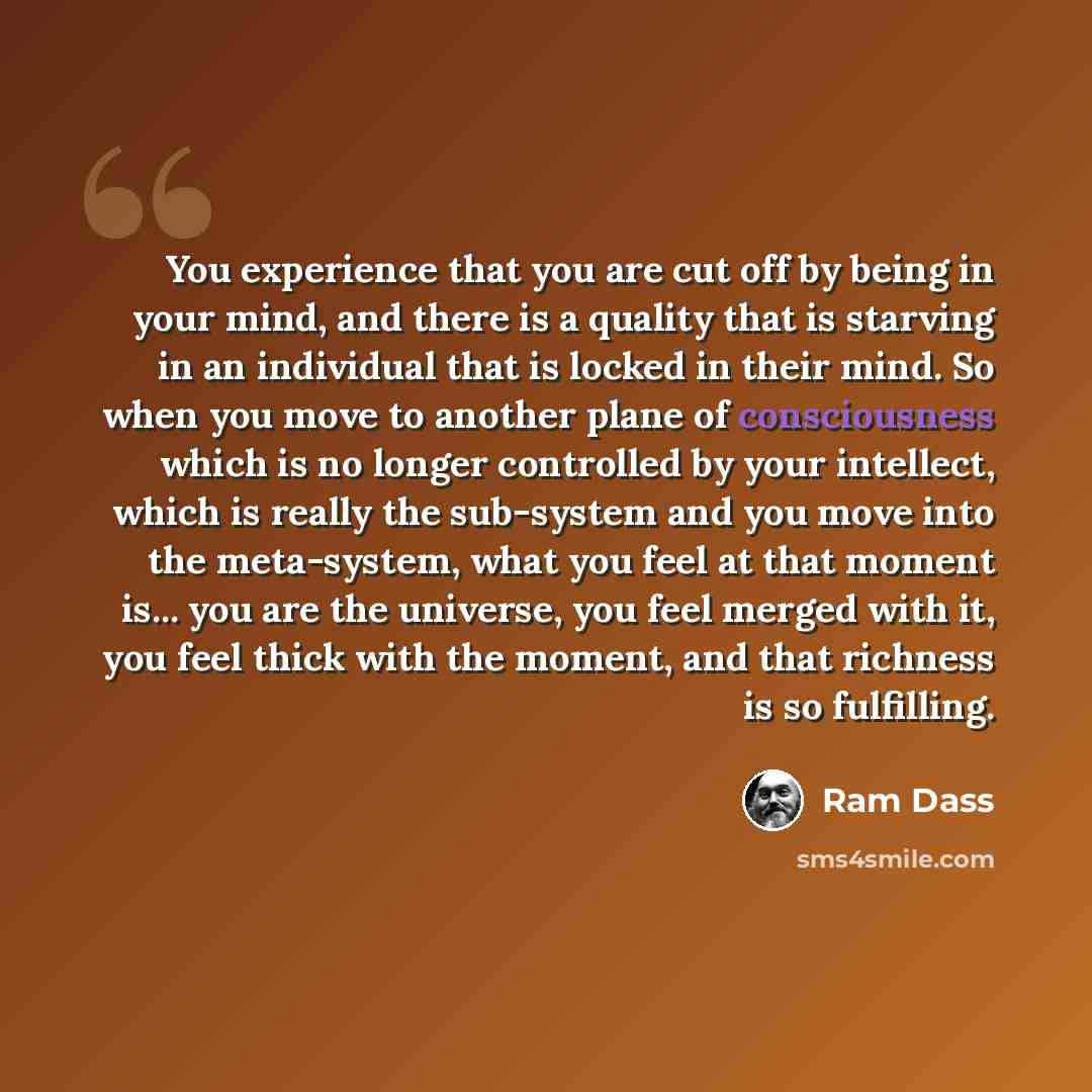 “You experience that you are cut off by being in your mind, and there is a quality that is starving in an individual that is locked in their mind. So when you move to another plane of consciousness which is no longer controlled by your intellect, which is really the sub-system and you move into the…” quote by Ram Dass