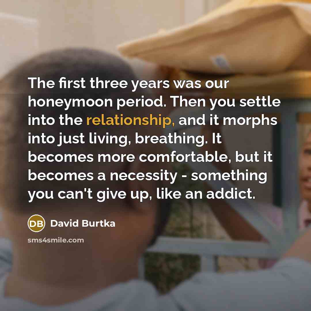 “The first three years was our honeymoon period. Then you settle into the relationship, and it morphs into just living, breathing. It becomes more comfortable, but it becomes a necessity - something you can't give up, like an addict.” quote by David Burtka