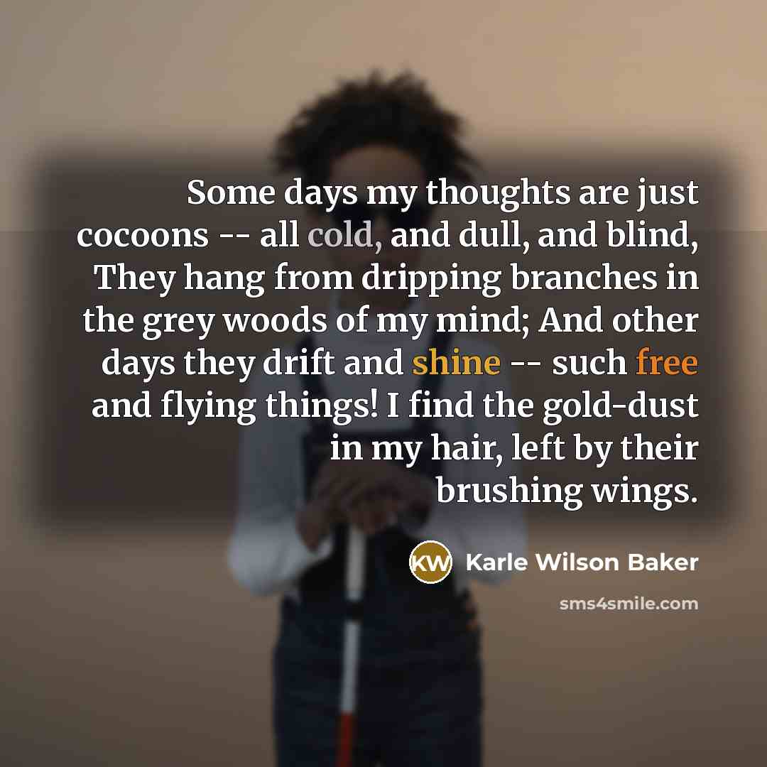“Some days my thoughts are just cocoons -- all cold, and dull, and blind, They hang from dripping branches in the grey woods of my mind; And other days they drift and shine -- such free and flying things! I find the gold-dust in my hair, left by their brushing wings.” quote by Karle Wilson Baker